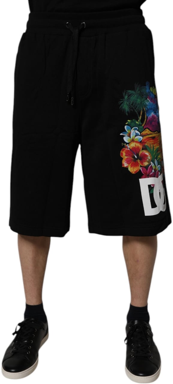 Dolce & Gabbana Black Cotton Logo Floral Print Bermuda Shorts Zwart