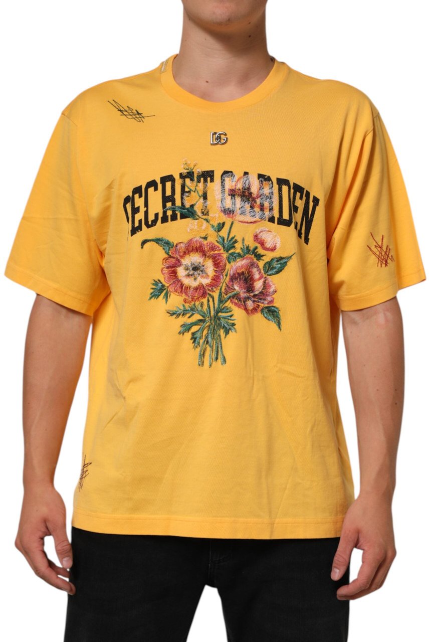 Dolce & Gabbana Yellow Secret Graden Floral Cotton CrewNeck T-shirt Geel