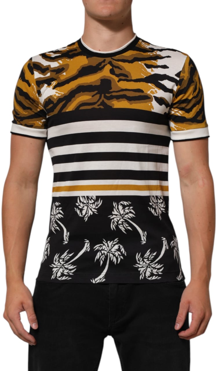 Dolce & Gabbana Multicolor Leopard Palm Leaf Men Crew Neck T-shirt Divers