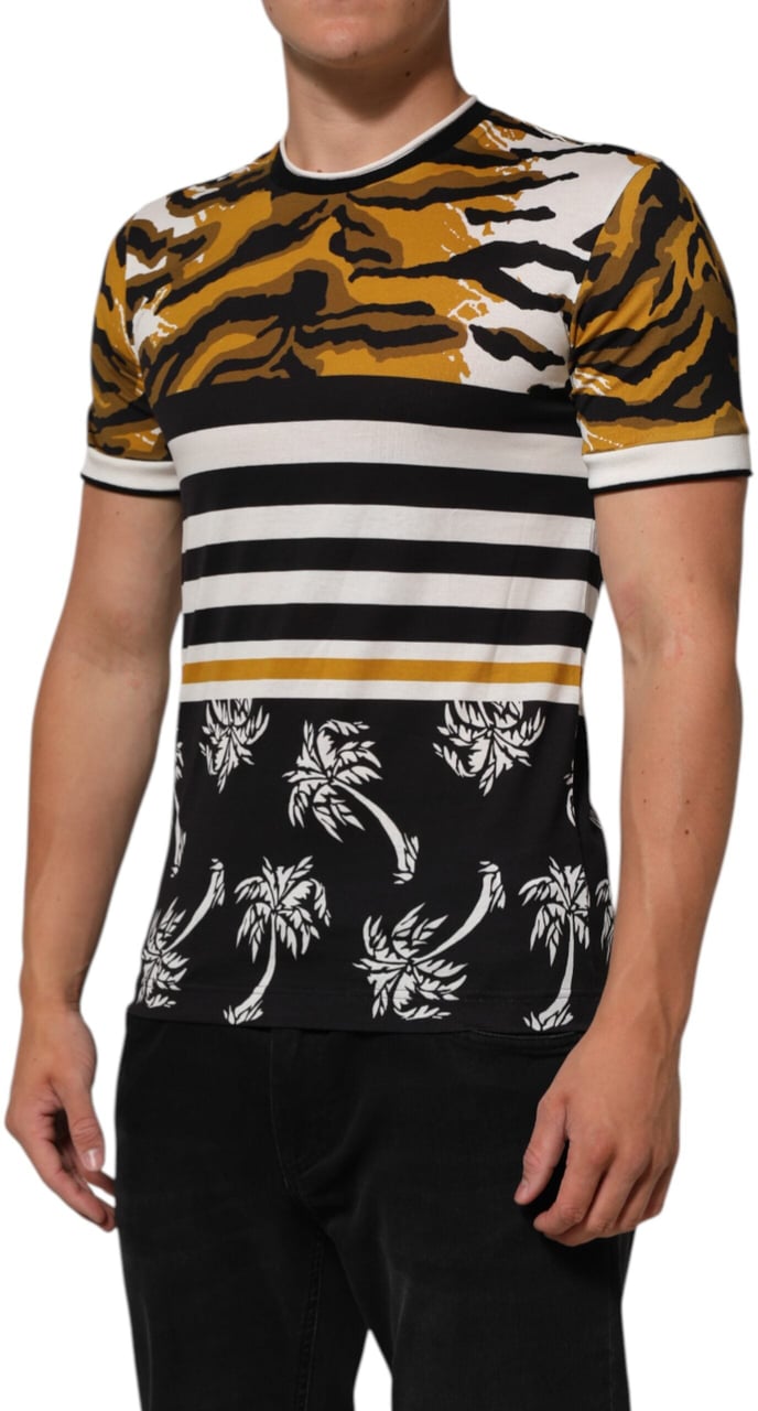 Dolce & Gabbana Multicolor Leopard Palm Leaf Men Crew Neck T-shirt Divers