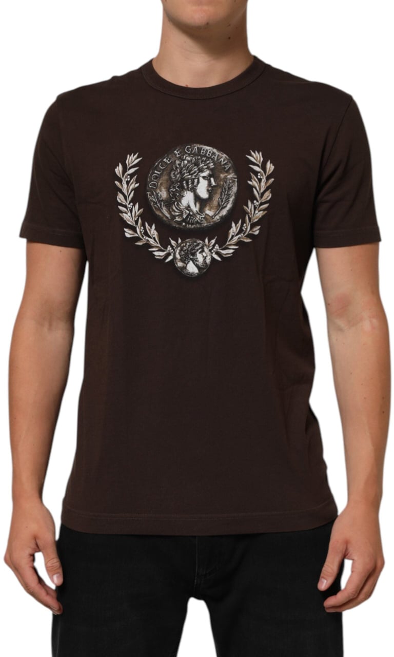 Dolce & Gabbana Brown Coin Laurel Print Men Crew Neck T-shirt Bruin