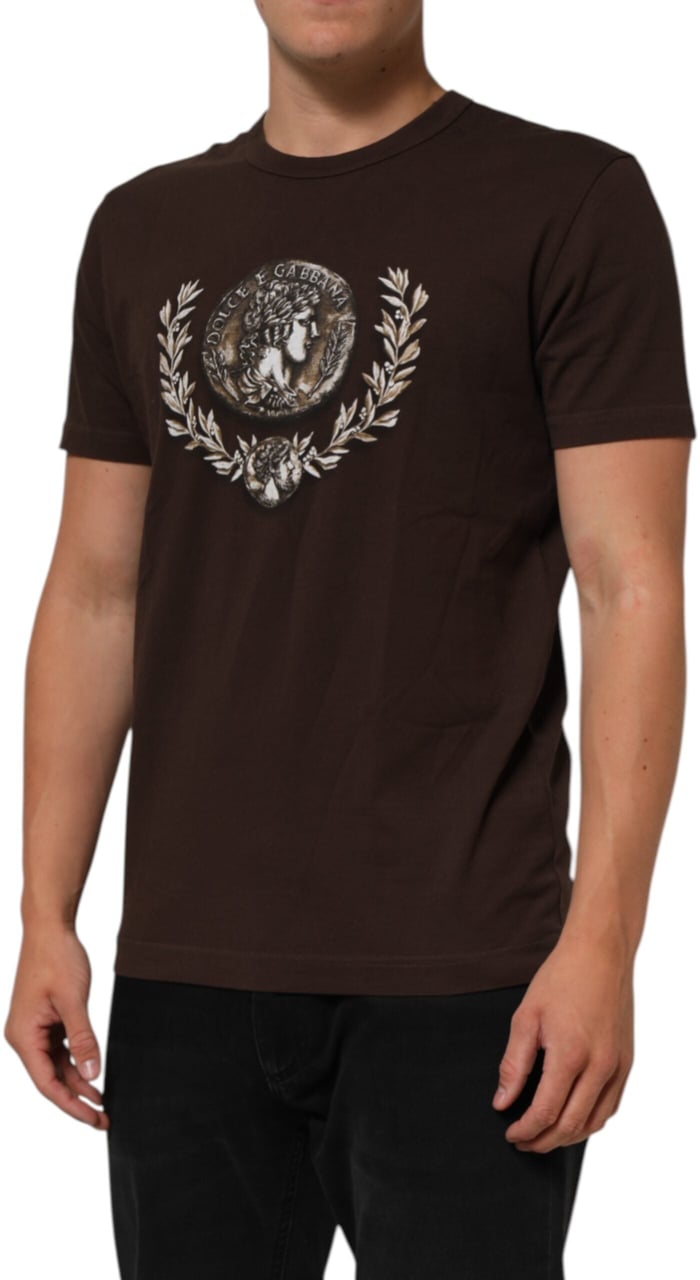 Dolce & Gabbana Brown Coin Laurel Print Men Crew Neck T-shirt Bruin
