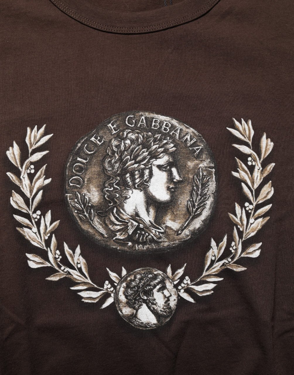 Dolce & Gabbana Brown Coin Laurel Print Men Crew Neck T-shirt Bruin