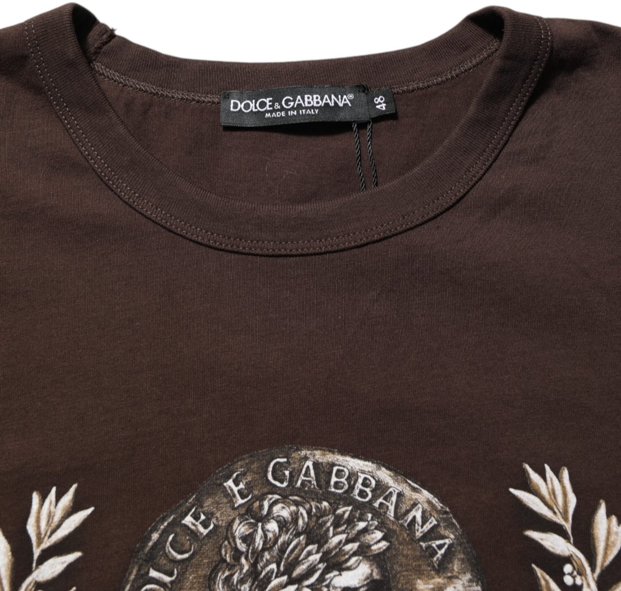 Dolce & Gabbana Brown Coin Laurel Print Men Crew Neck T-shirt Bruin