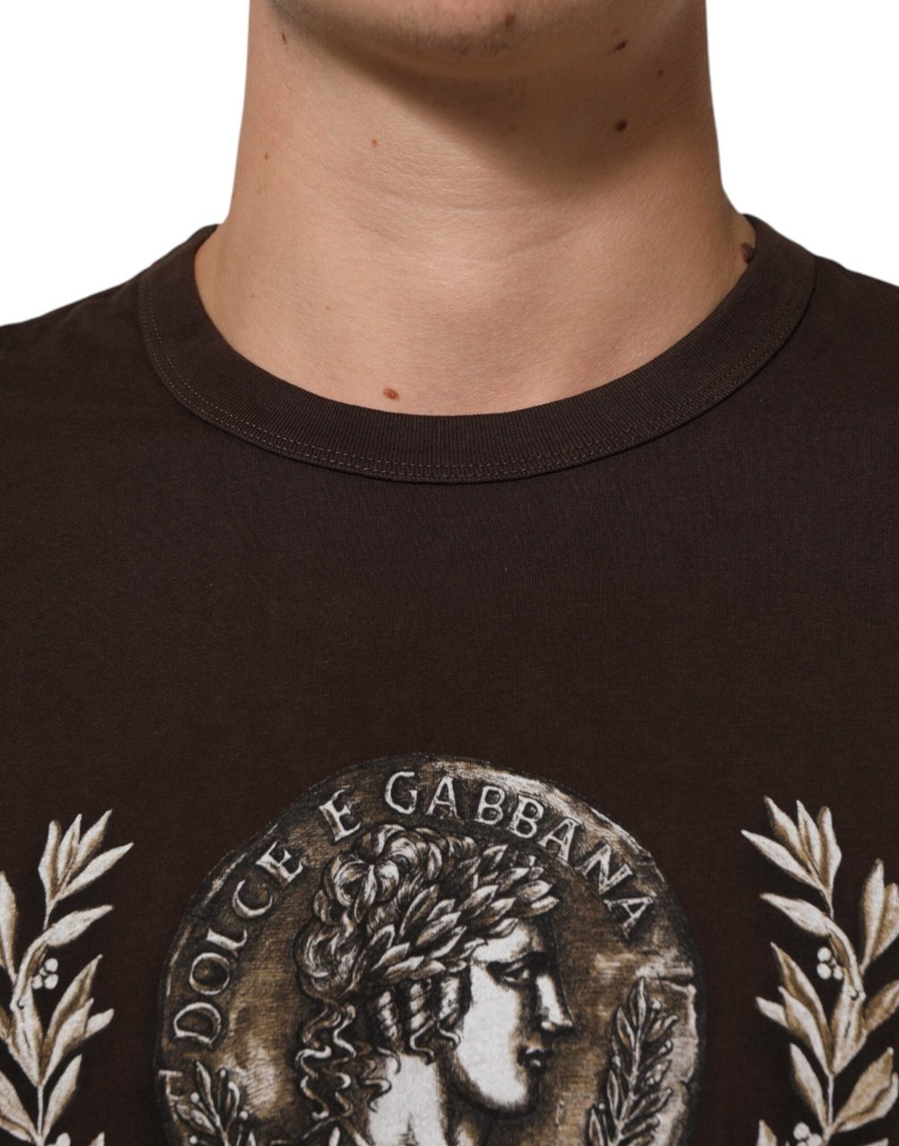 Dolce & Gabbana Brown Coin Laurel Print Men Crew Neck T-shirt Bruin