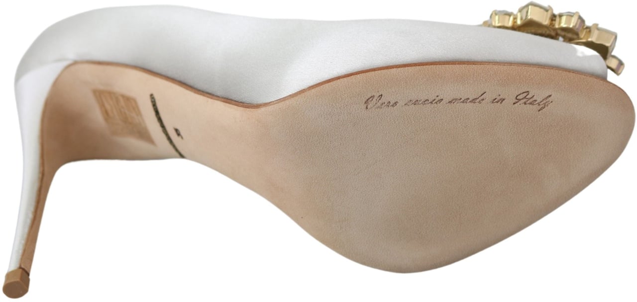 Dolce & Gabbana White Crystals Peep Toe Heels Satin Pumps Shoes Wit