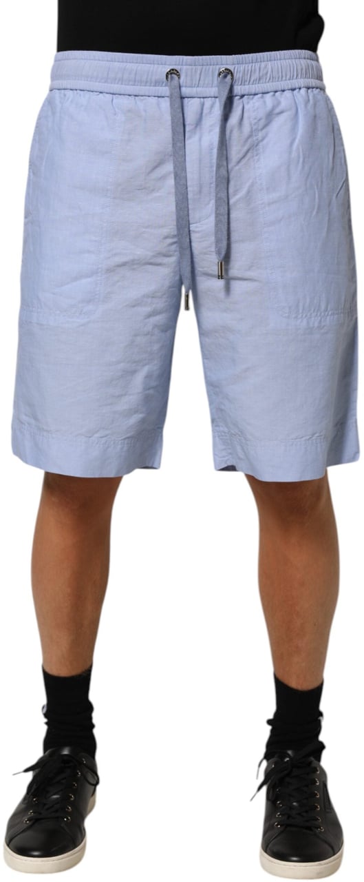 Dolce & Gabbana Light Blue Linen Mid Waist Men Bermuda Shorts Blauw