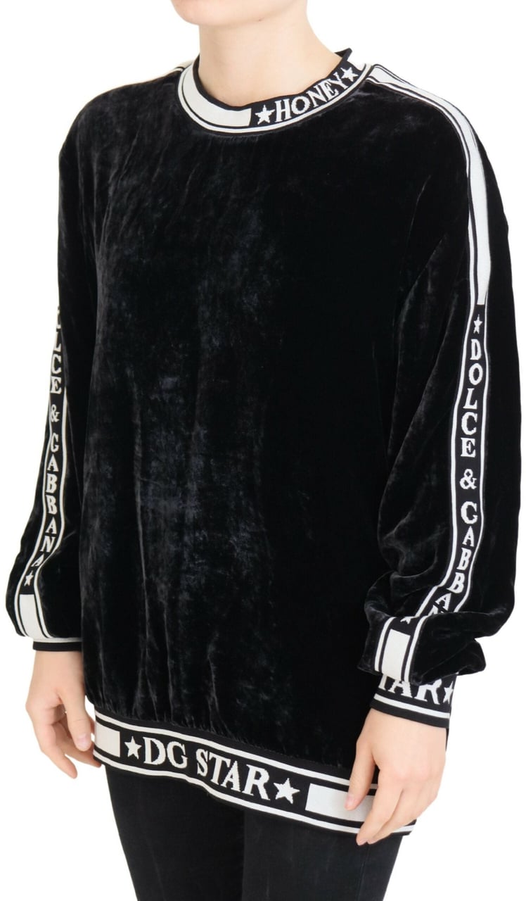 Dolce & Gabbana Black Velvet Crewneck Pullover Sweater Zwart
