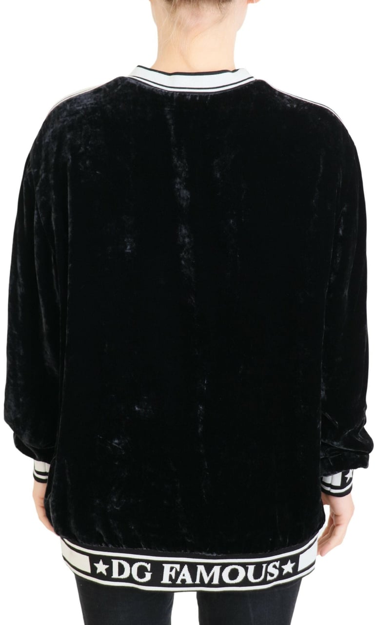 Dolce & Gabbana Black Velvet Crewneck Pullover Sweater Zwart