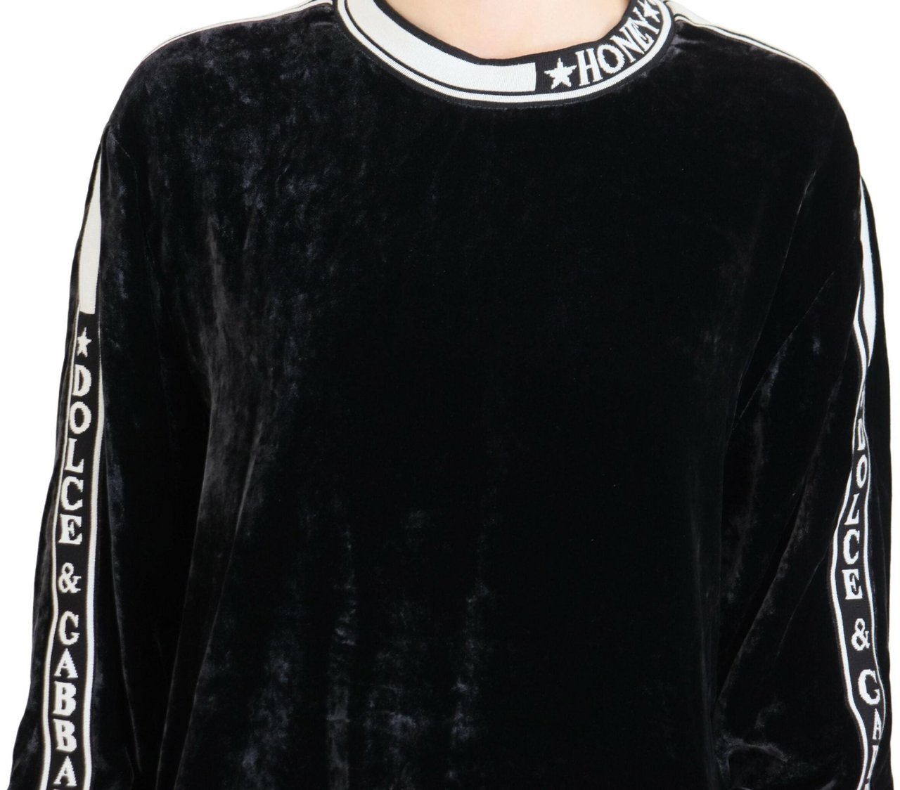 Dolce & Gabbana Black Velvet Crewneck Pullover Sweater Zwart