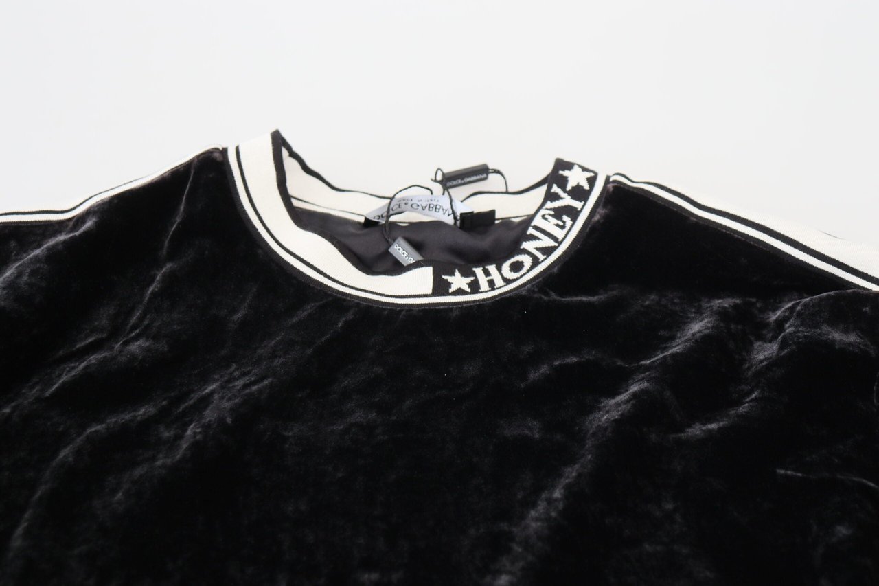 Dolce & Gabbana Black Velvet Crewneck Pullover Sweater Zwart