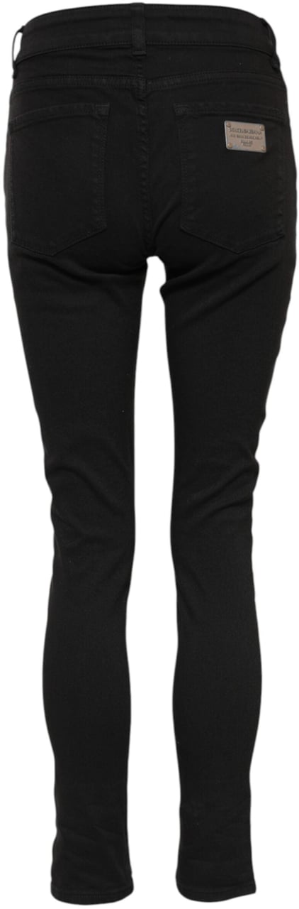 Dolce & Gabbana Black Cotton Logo Skinny Mid Waist Denim Jeans Zwart