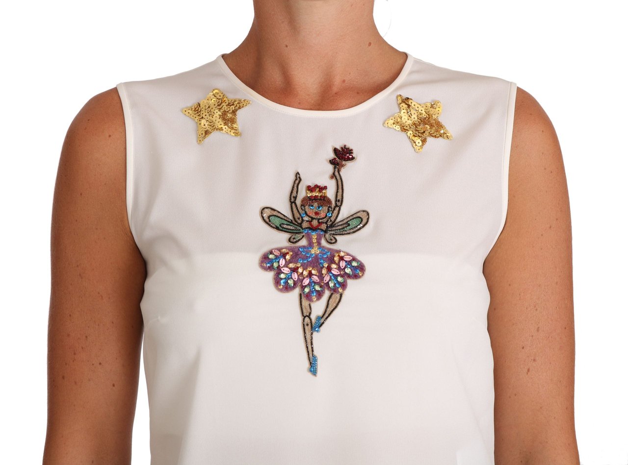 Dolce & Gabbana White Silk Embellished Crystal Sequin Fairy Top Wit