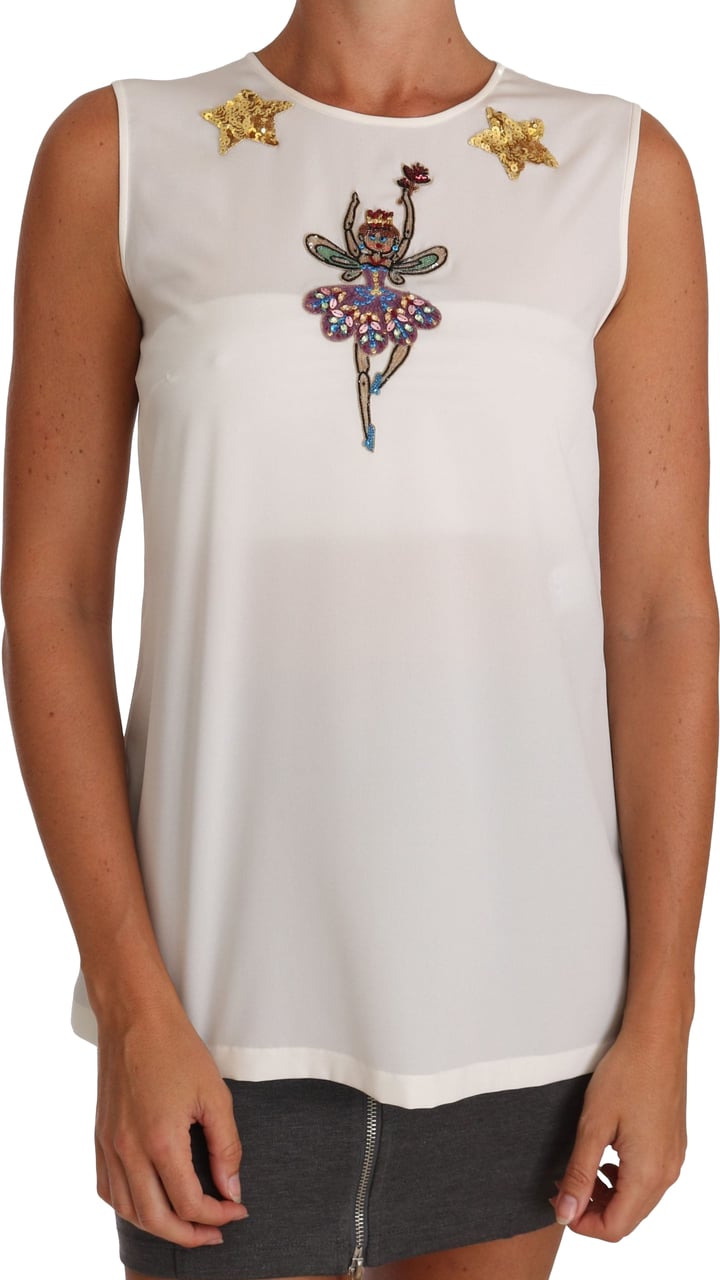 Dolce & Gabbana White Silk Embellished Crystal Sequin Fairy Top Wit