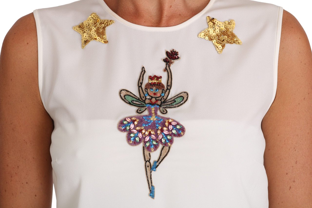 Dolce & Gabbana White Silk Embellished Crystal Sequin Fairy Top Wit