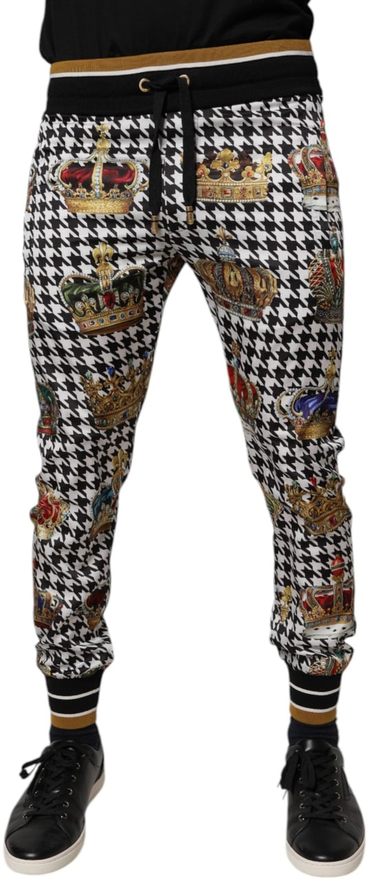 Dolce & Gabbana Multicolor Houndstooth Crown Men Sweatpants Pants Blauw