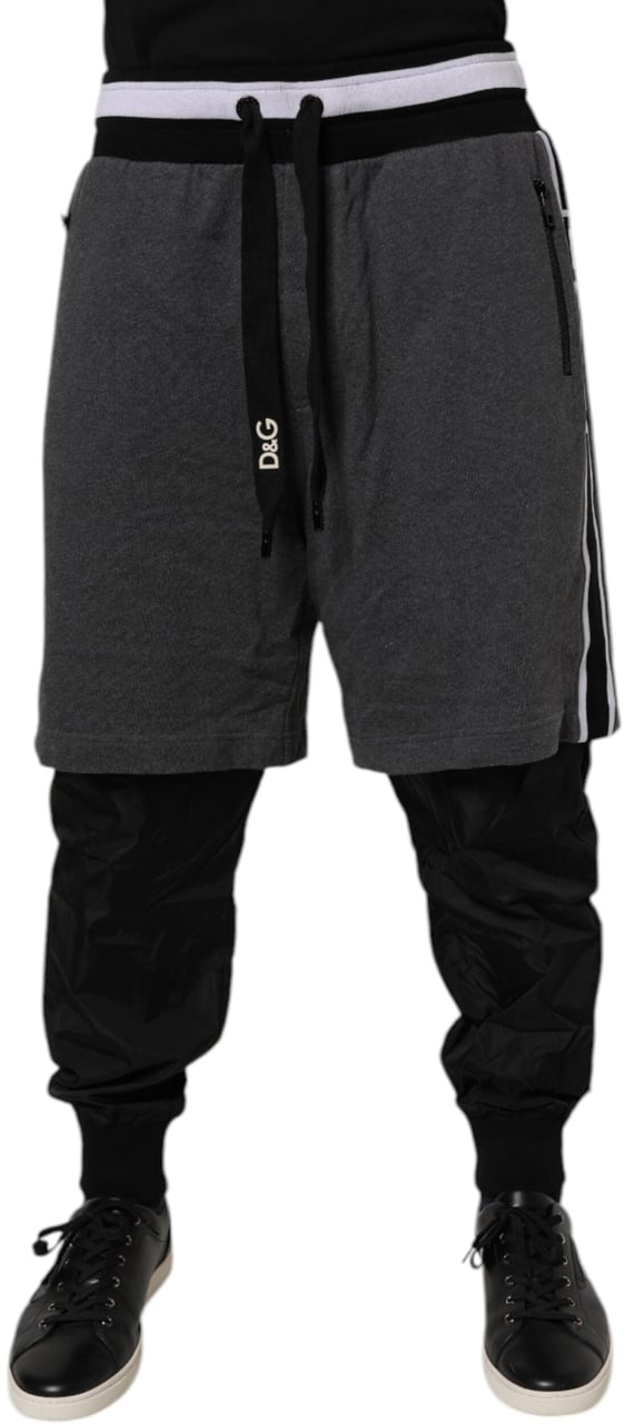 Dolce & Gabbana Black Gray Cotton Layered Men Sweatpants Pants Zwart
