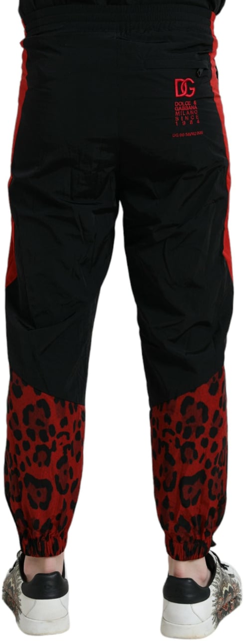 Dolce & Gabbana Black Red Leopard Print Nylon Jogger Pants Zwart