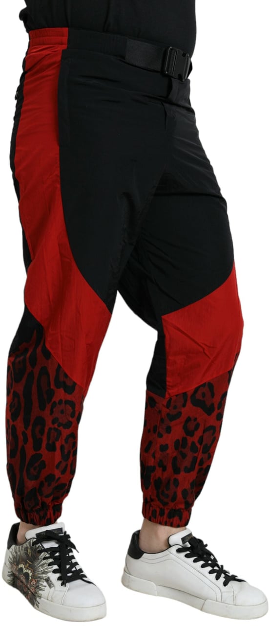 Dolce & Gabbana Black Red Leopard Print Nylon Jogger Pants Zwart