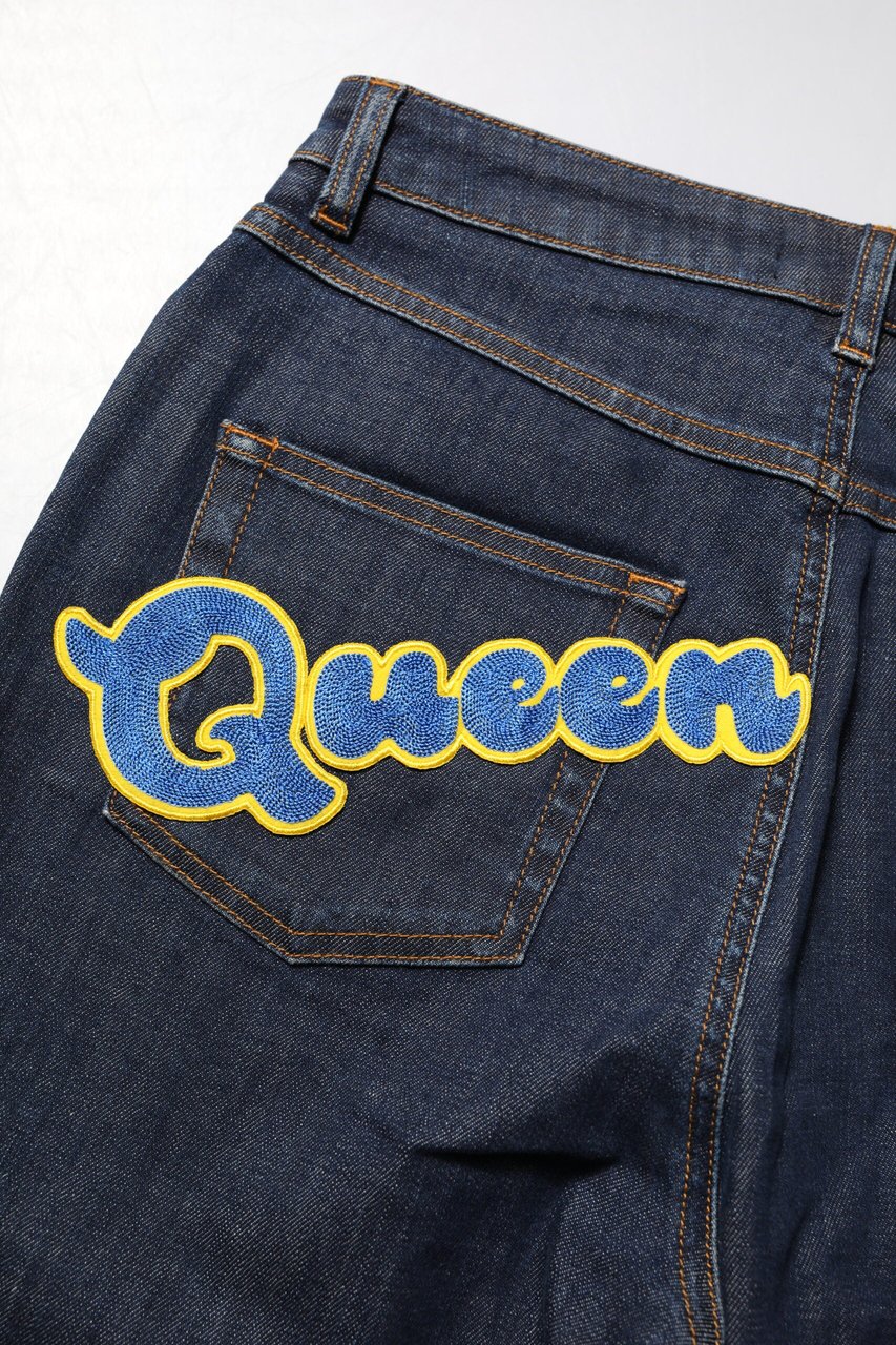 Dolce & Gabbana Blue Queen Patch AUDREY Mid Waist Denim Jeans Blauw