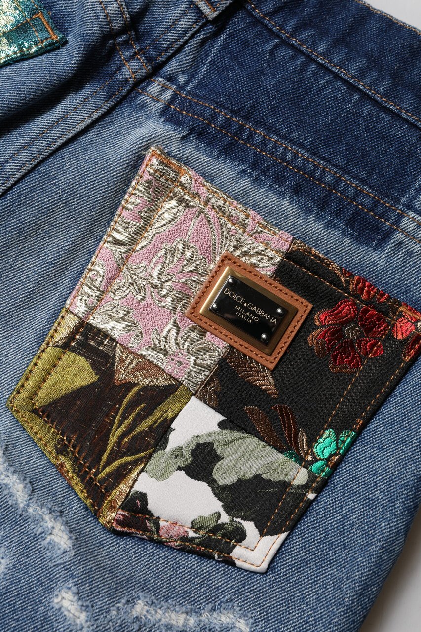 Dolce & Gabbana Blue Cotton Tattered High Waist Denim Jeans Blauw