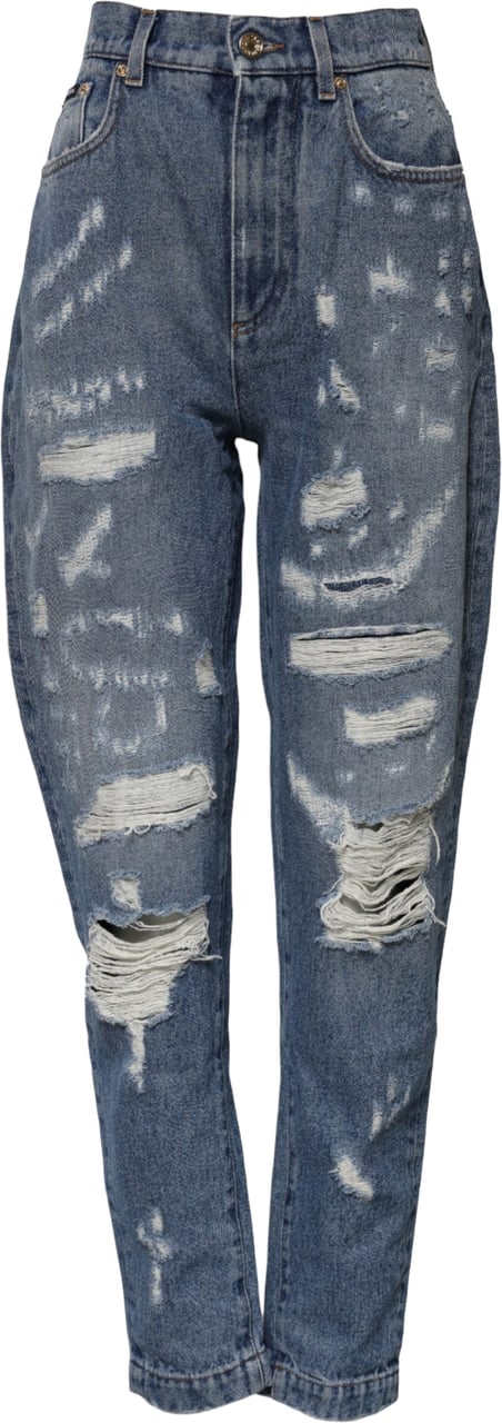 Dolce & Gabbana Blue Cotton Tattered High Waist Denim Jeans Blauw