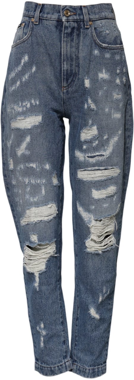 Dolce & Gabbana Blue Cotton Tattered High Waist Denim Jeans Blauw