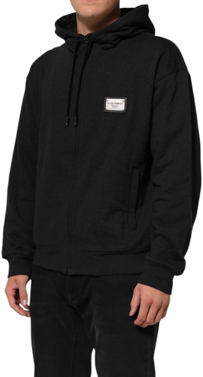 Dolce & Gabbana Black Logo FullZip Hooded Sweatshirt Sweater Zwart