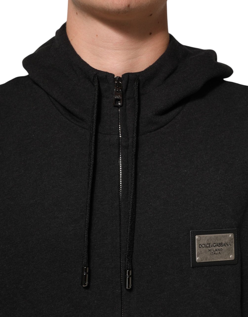Dolce & Gabbana Black Logo FullZip Hooded Sweatshirt Sweater Zwart