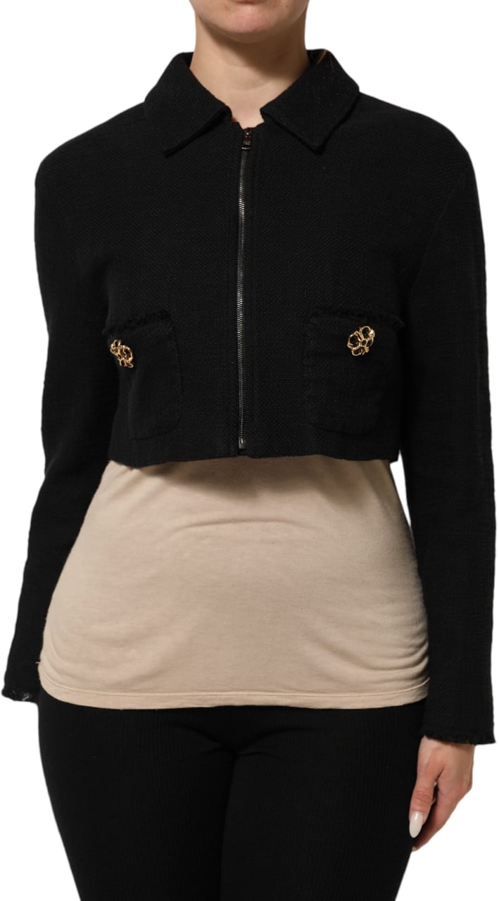 Dolce & Gabbana Black Cotton Full Zip Cropped Coat Jacket Zwart
