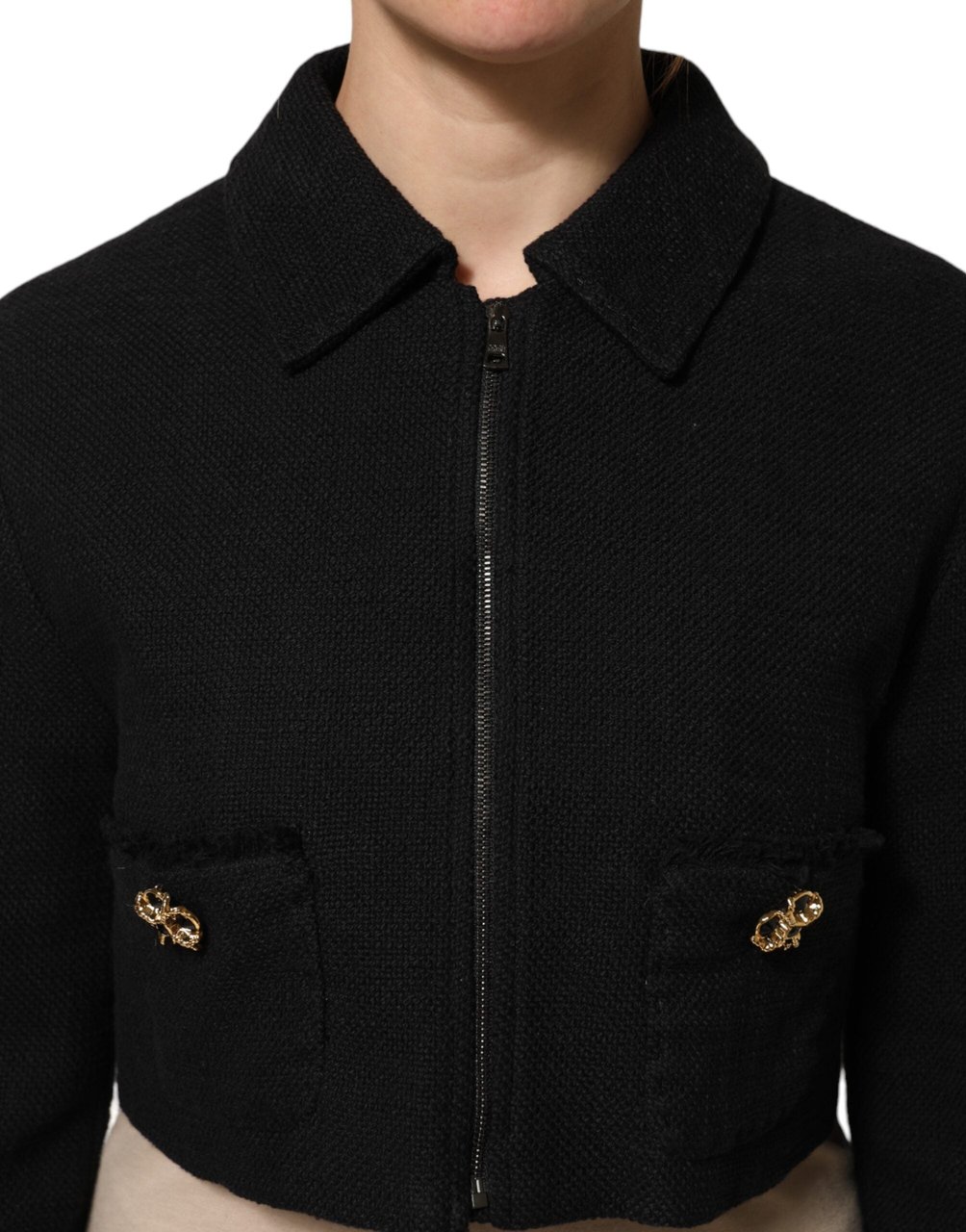 Dolce & Gabbana Black Cotton Full Zip Cropped Coat Jacket Zwart