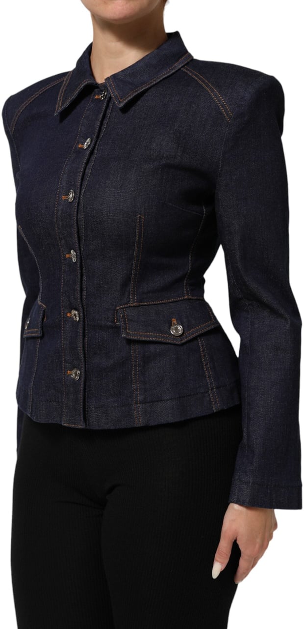 Dolce & Gabbana Dark Blue Cotton Collared Denim Coat Jacket Blauw