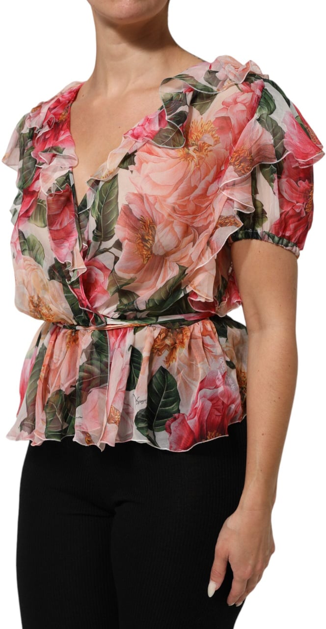 Dolce & Gabbana Pink Camellias Printed Silk V-neck Blouse Top Roze