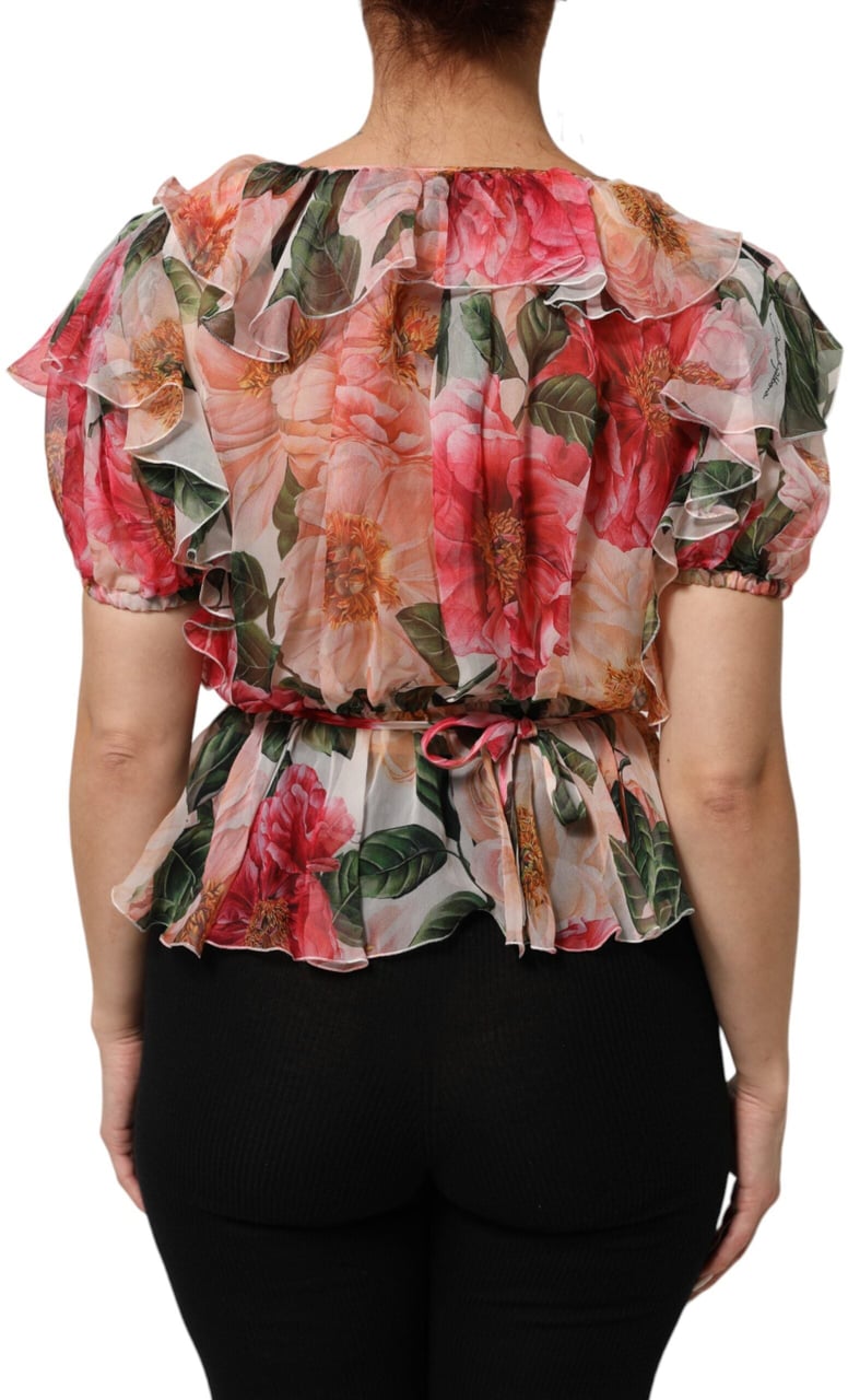 Dolce & Gabbana Pink Camellias Printed Silk V-neck Blouse Top Roze