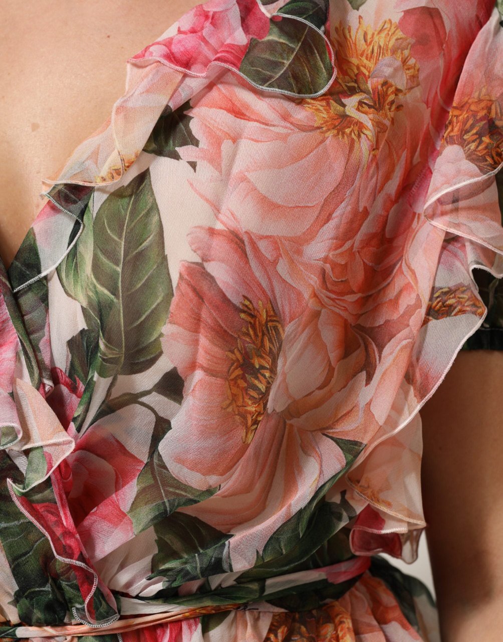 Dolce & Gabbana Pink Camellias Printed Silk V-neck Blouse Top Roze