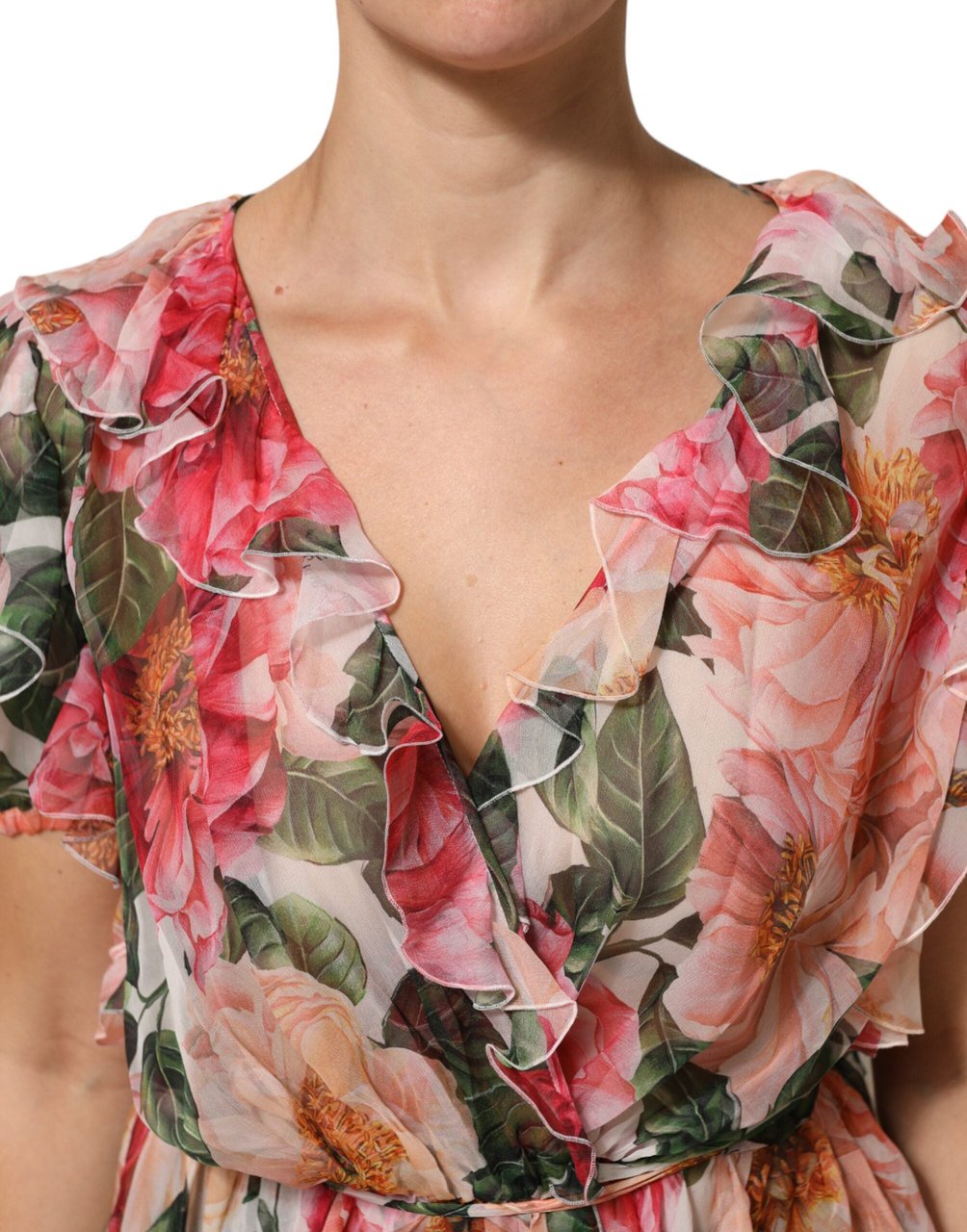 Dolce & Gabbana Pink Camellias Printed Silk V-neck Blouse Top Roze