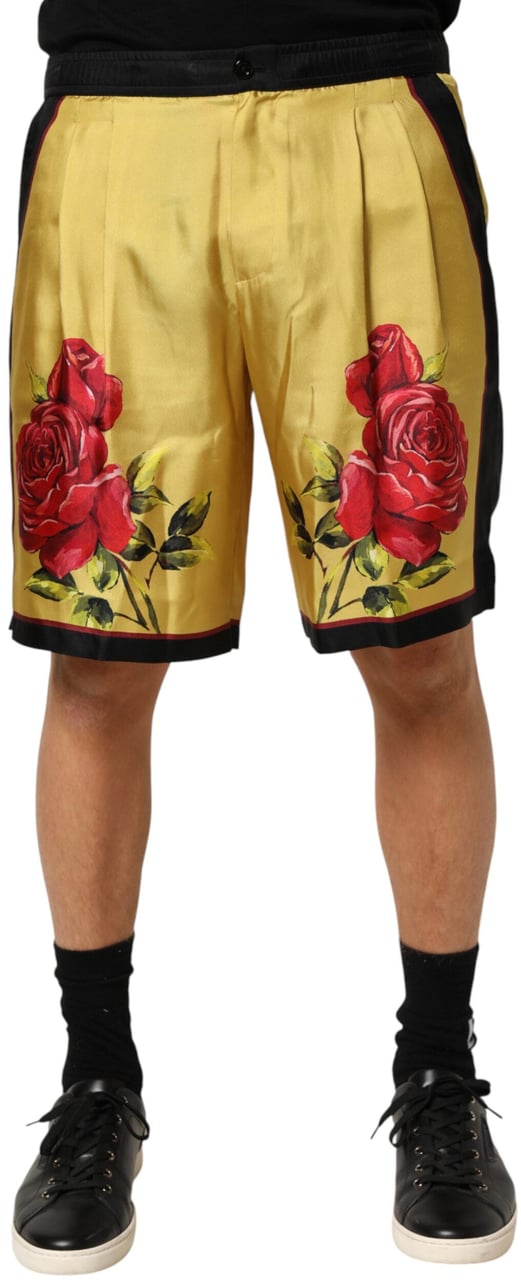 Dolce & Gabbana Yellow Floral Print Silk Men Bermuda Shorts Geel