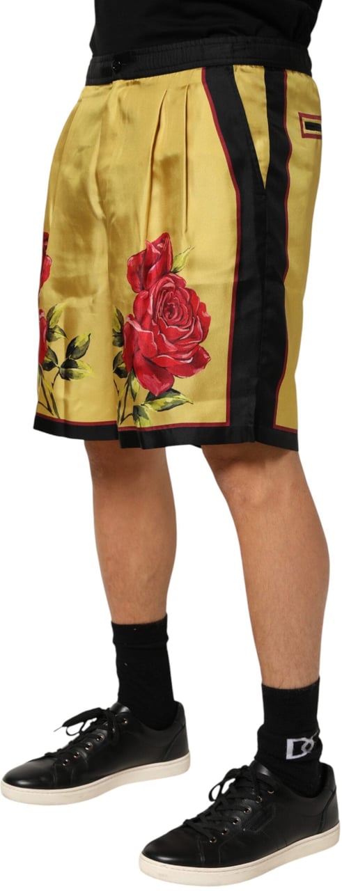 Dolce & Gabbana Yellow Floral Print Silk Men Bermuda Shorts Geel
