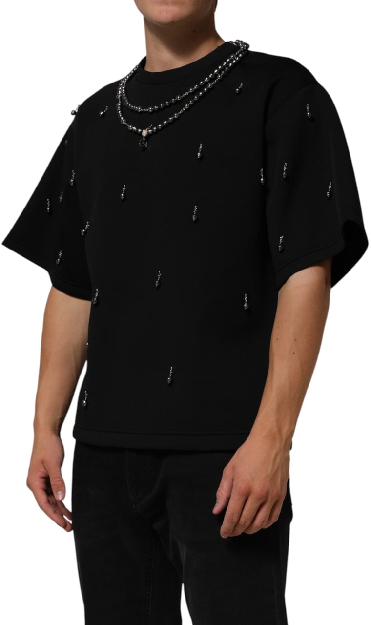 Dolce & Gabbana Black Polyester Necklace Embellished T-shirt Zwart