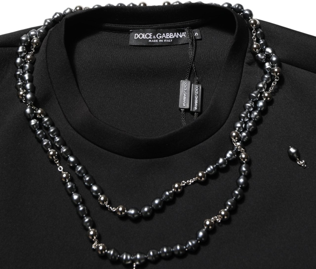 Dolce & Gabbana Black Polyester Necklace Embellished T-shirt Zwart