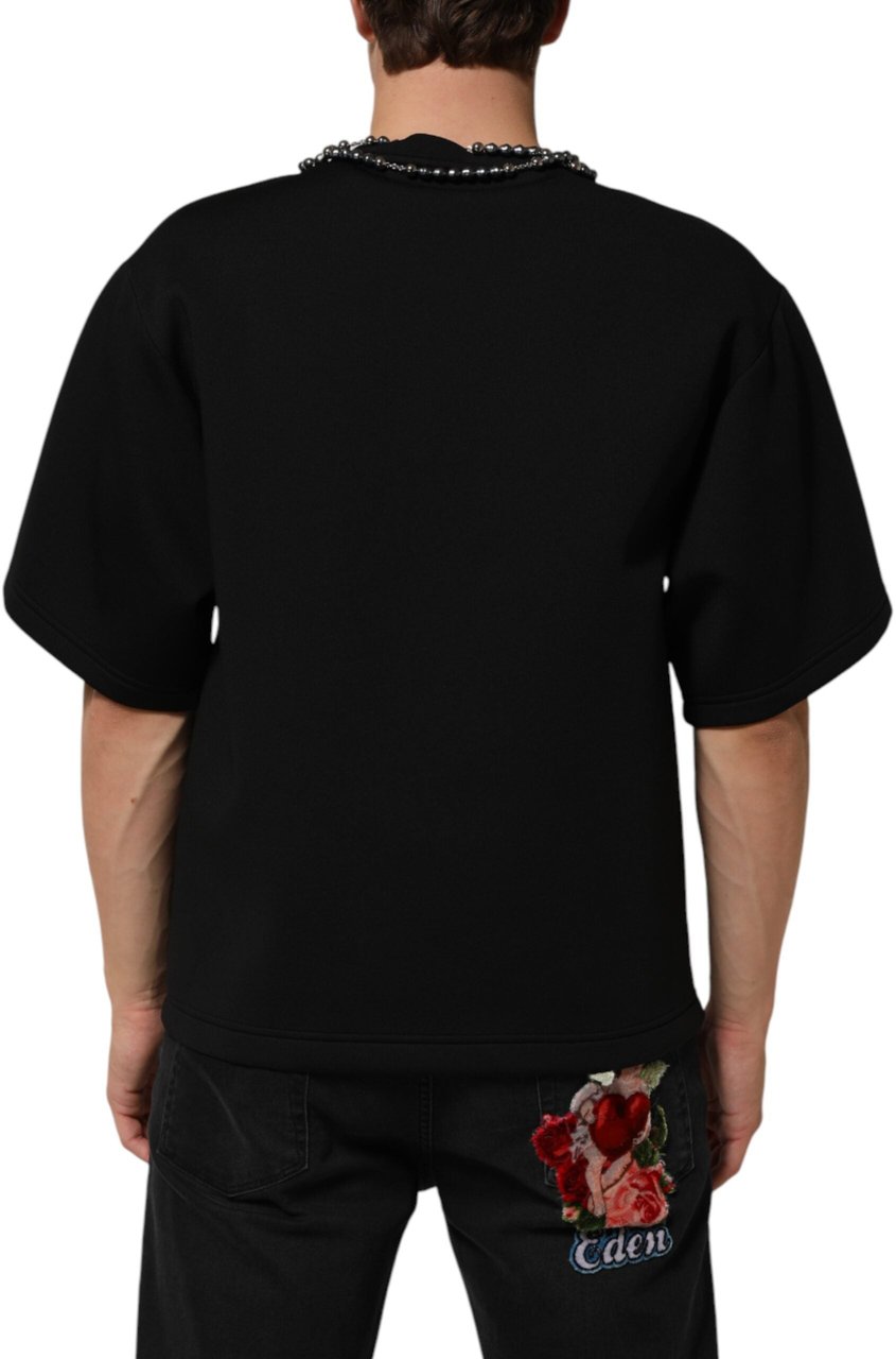 Dolce & Gabbana Black Polyester Necklace Embellished T-shirt Zwart