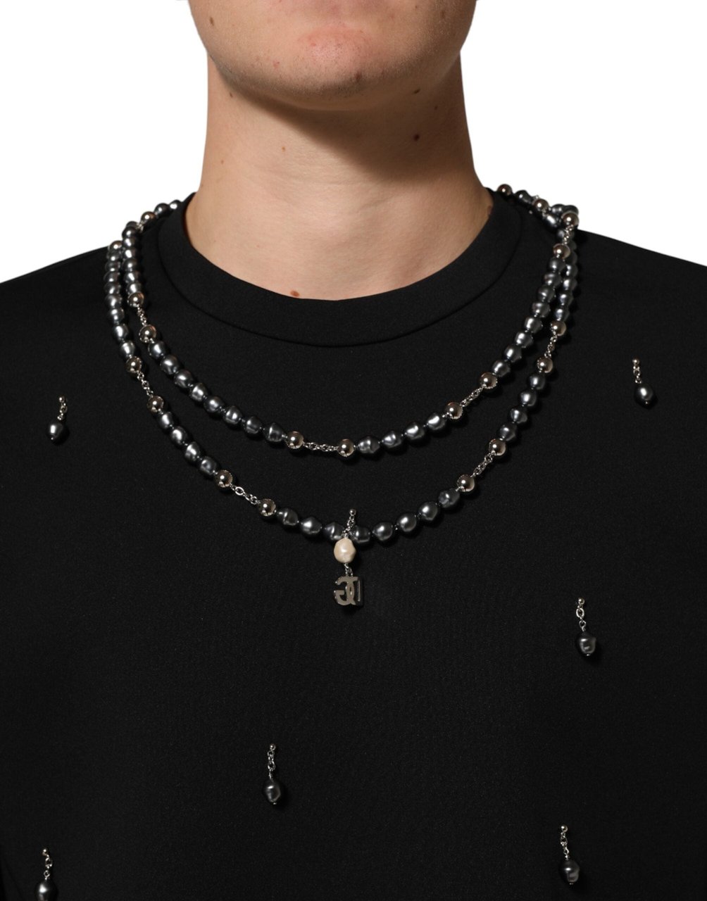 Dolce & Gabbana Black Polyester Necklace Embellished T-shirt Zwart
