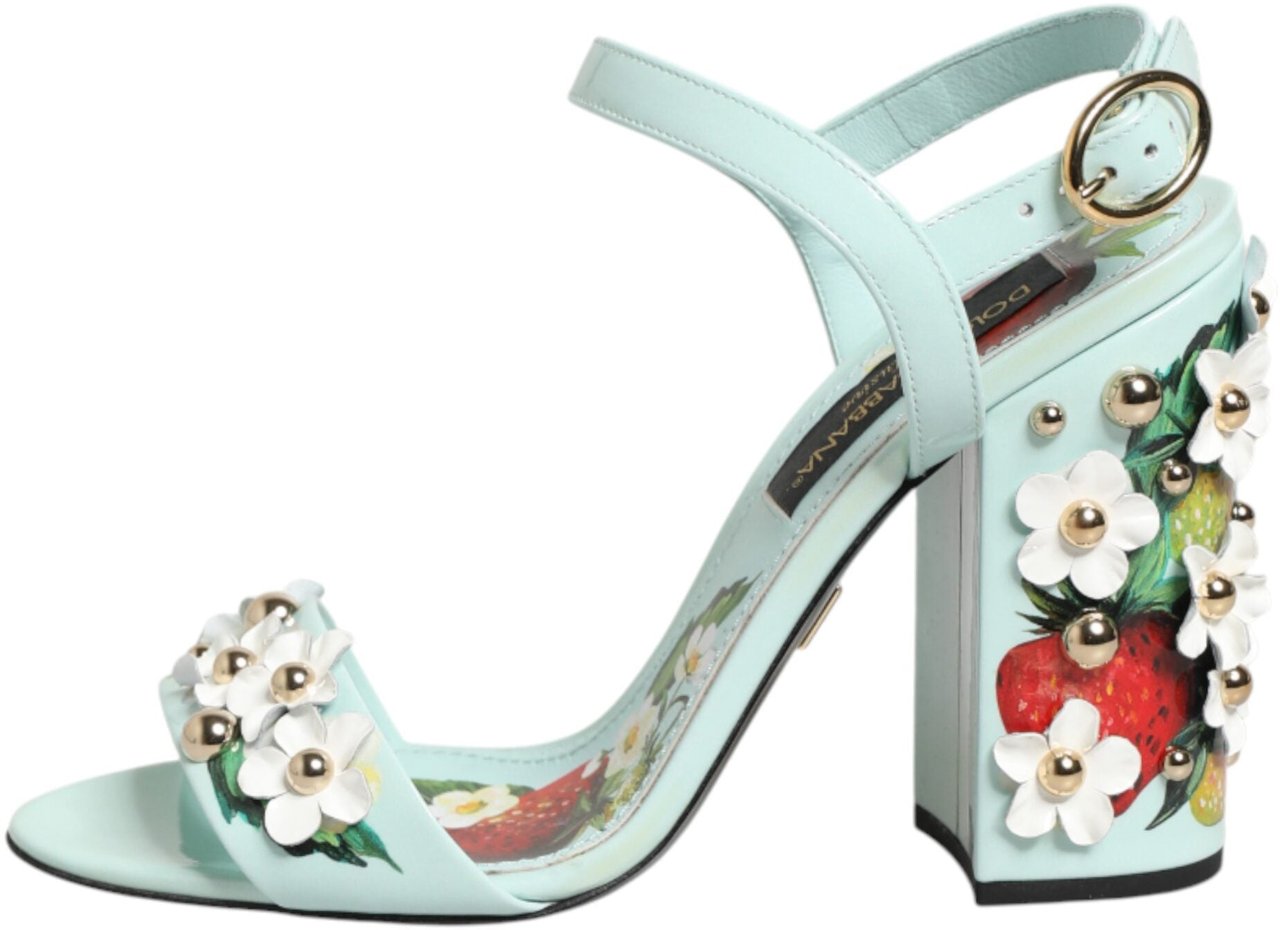 Dolce & Gabbana Mint Green Floral Studs Heels Sandals Shoes Groen