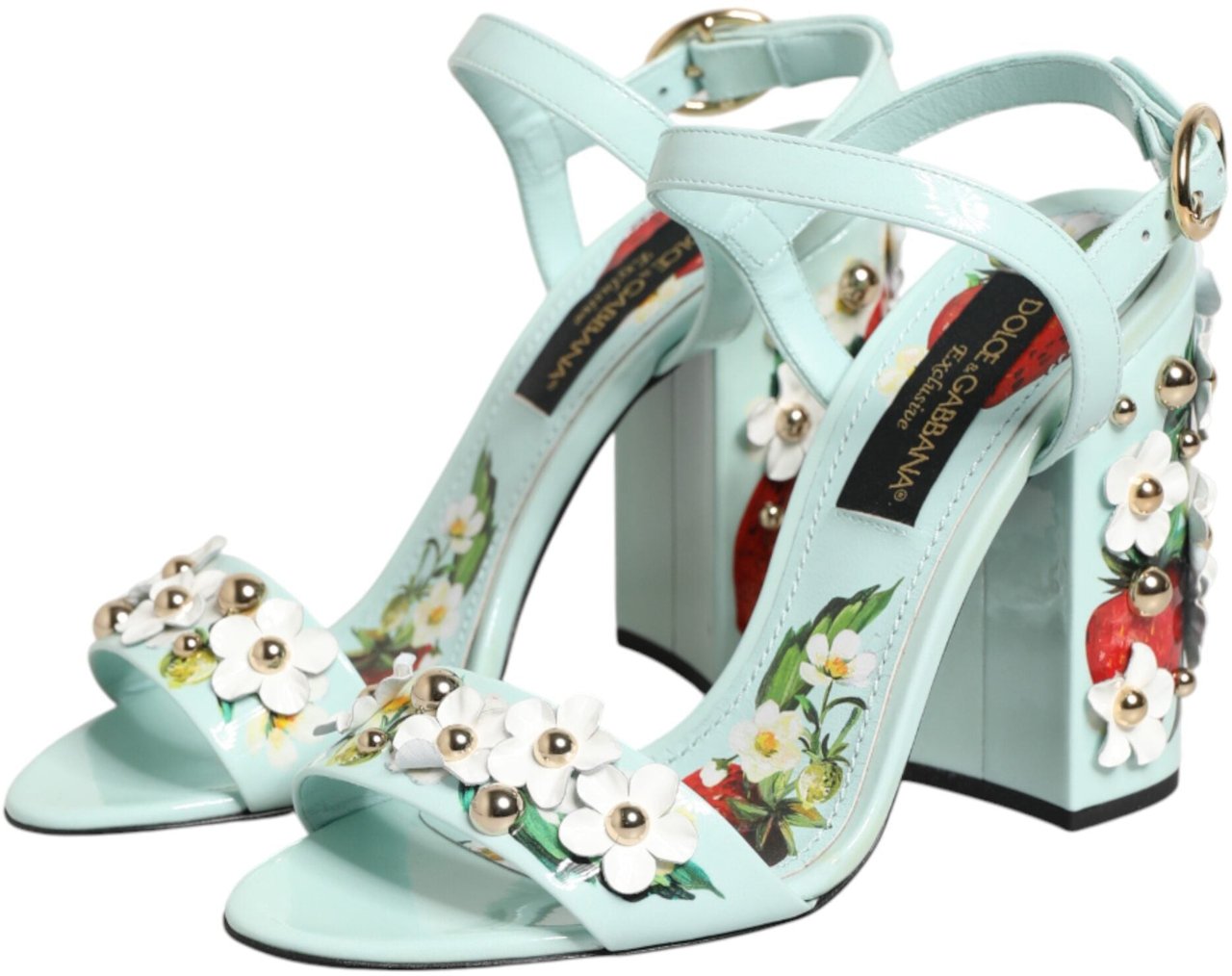 Dolce & Gabbana Mint Green Floral Studs Heels Sandals Shoes Groen