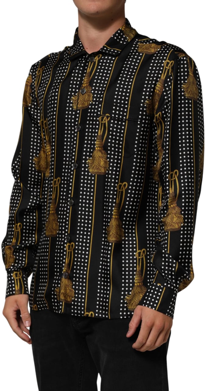 Dolce & Gabbana Black Dotted Tassel Silk Button Down Shirt Zwart