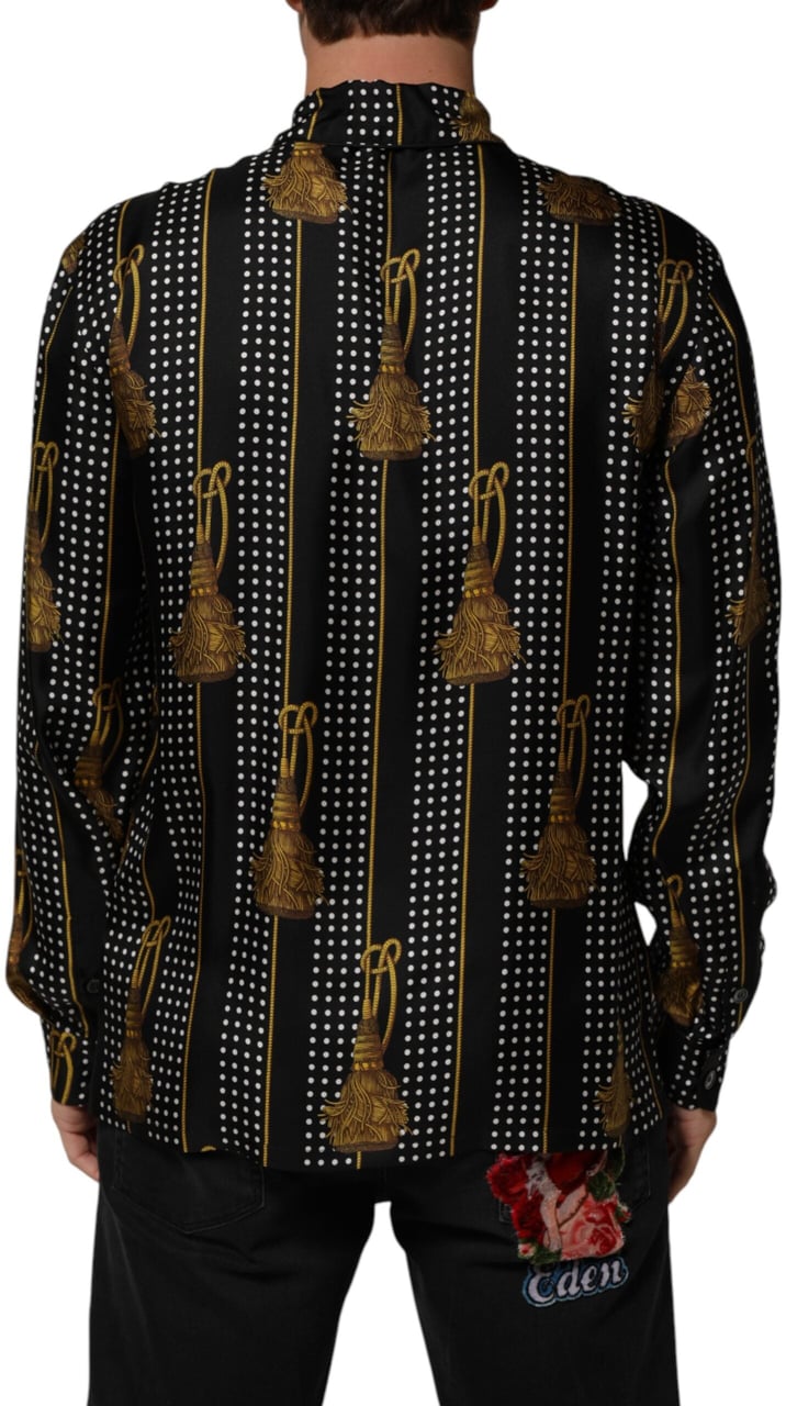 Dolce & Gabbana Black Dotted Tassel Silk Button Down Shirt Zwart
