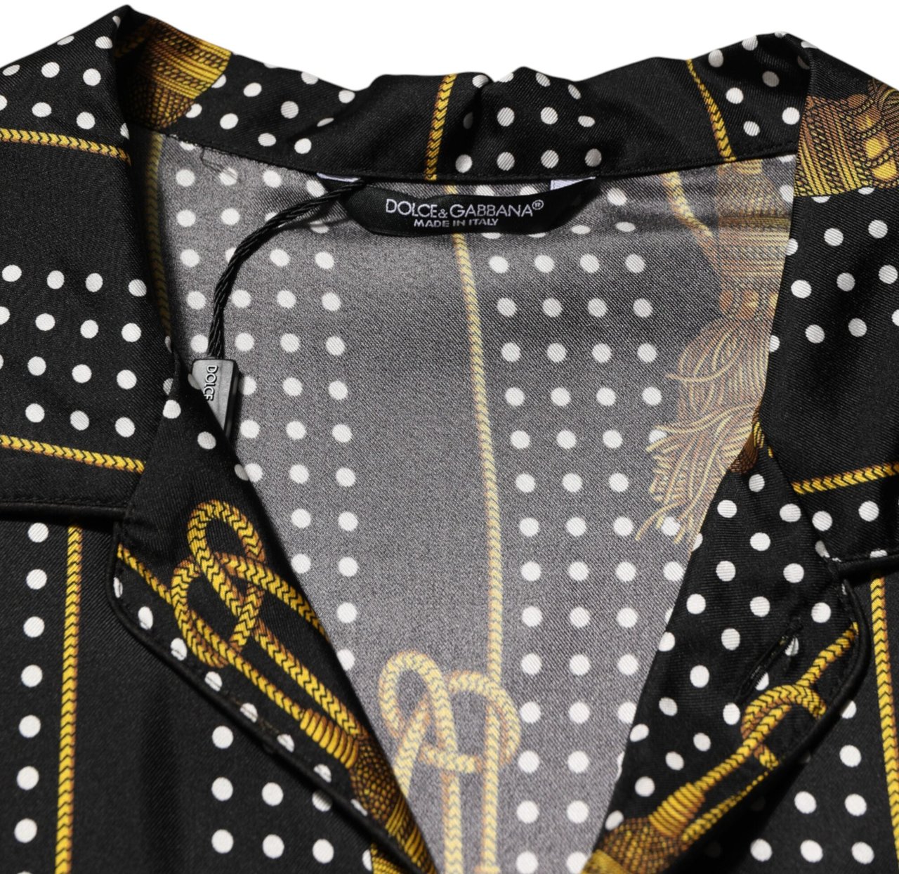 Dolce & Gabbana Black Dotted Tassel Silk Button Down Shirt Zwart