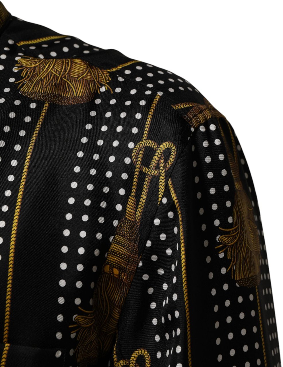 Dolce & Gabbana Black Dotted Tassel Silk Button Down Shirt Zwart