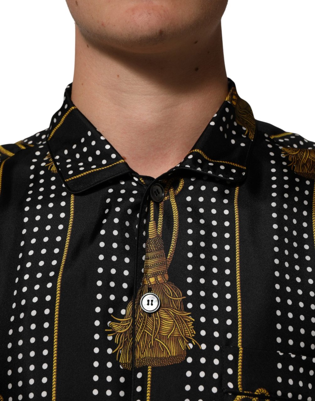 Dolce & Gabbana Black Dotted Tassel Silk Button Down Shirt Zwart
