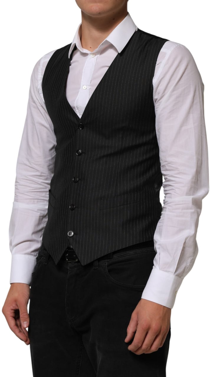 Dolce & Gabbana Black Wool Men Dress Formal Waistcoat Vest Zwart